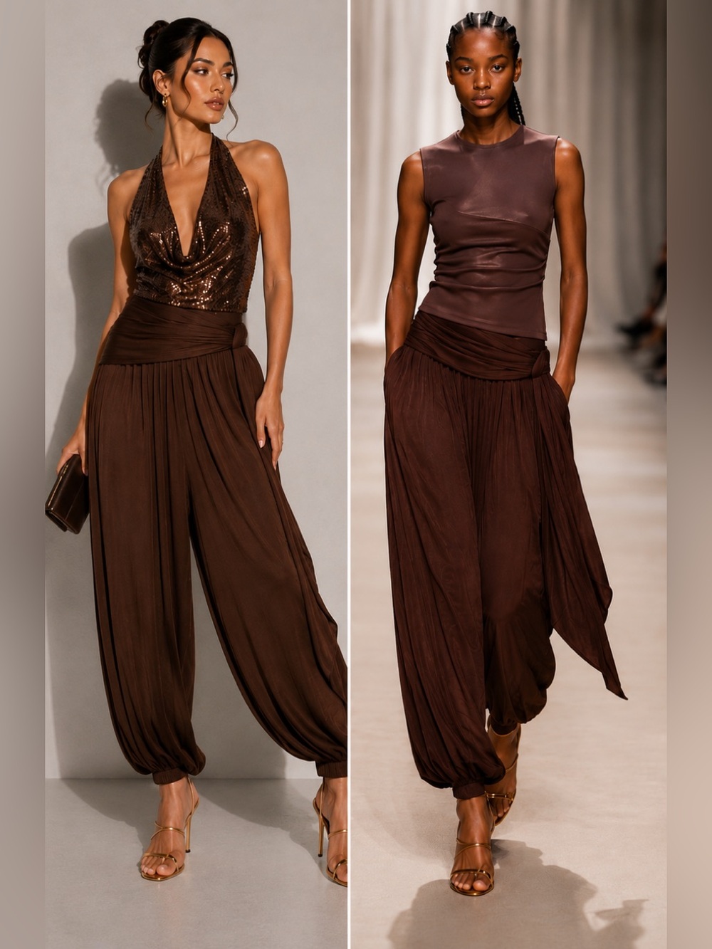 H&M Divided Brown Draped Satin Balloon Leg Harem Pants Tie Waist Sz M NWT